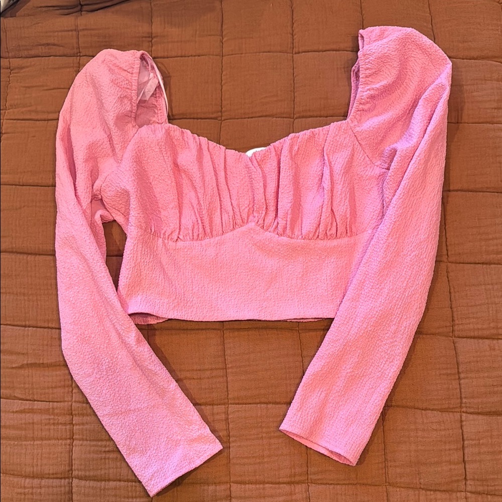 Astr Pink Crop Blouse with Bishop Sleeves